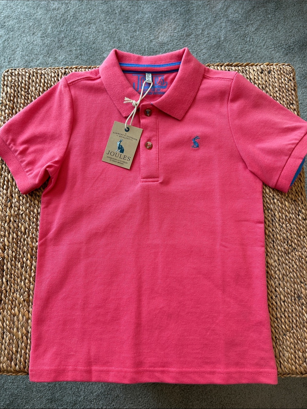 Joules Coral Pink Kids Polo with Blue Hare Accent